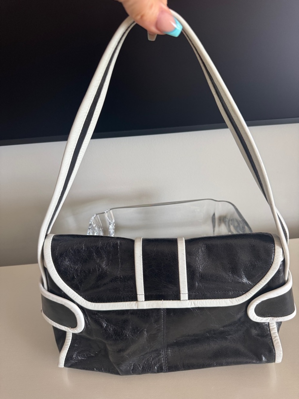 Trina Turk Black Shoulder Bag with White Trim and Buckle - Picture 6 of 6